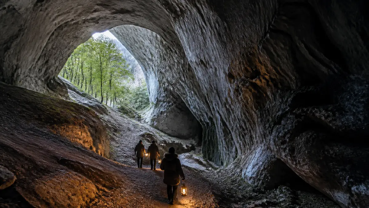 Groupe de visiteurs à la lanterne dans une grotte de la Drôme